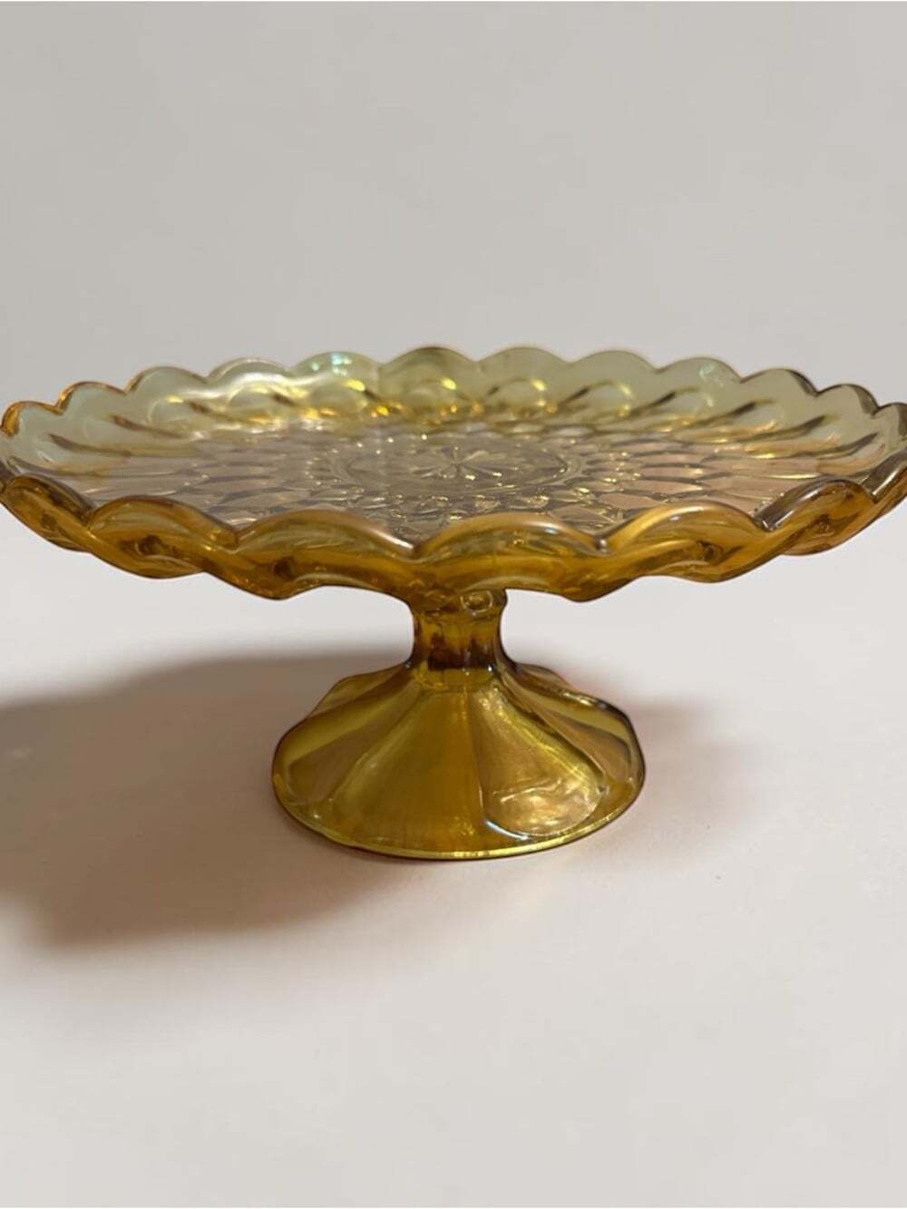 Vintage Amber Glass Pedestal Compote Cake Stand Scalloped Serving Bowl 10 Inch